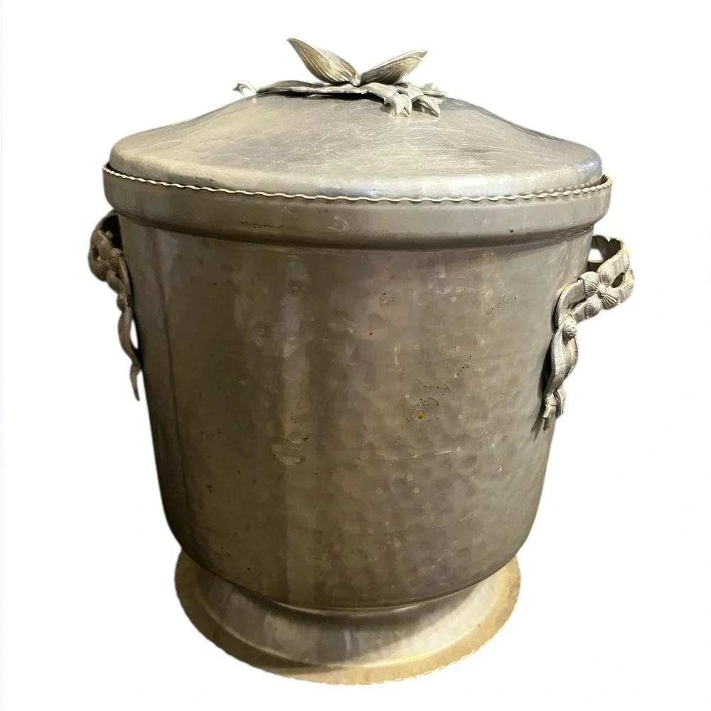 Vintage Hammered Aluminum Art Nouveau Ice Bucket Rose Bud Floral Trim Handles